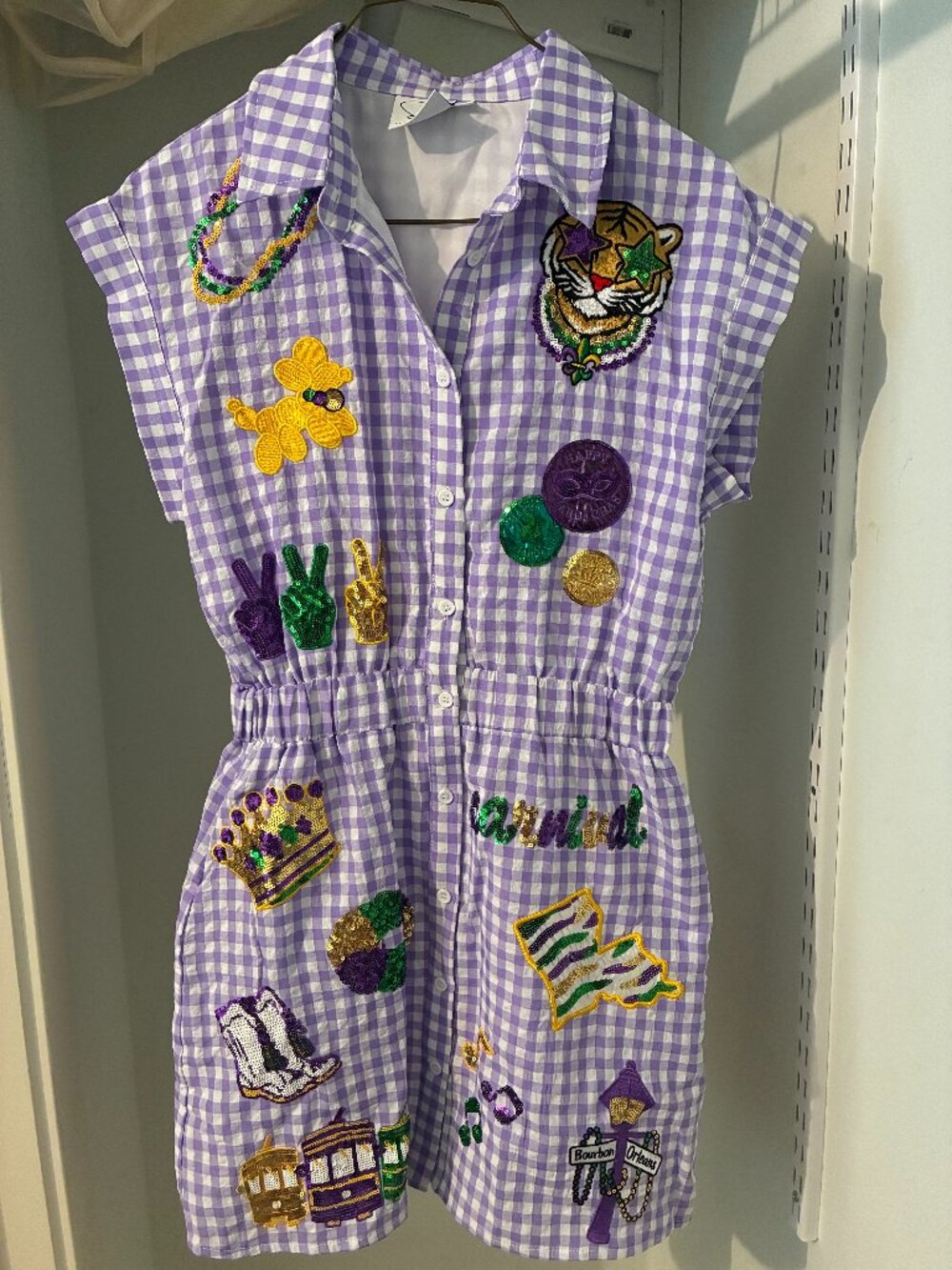 Purple & White Gingham Mardi Gras Dress with Sequin Patches from Sash Clothing